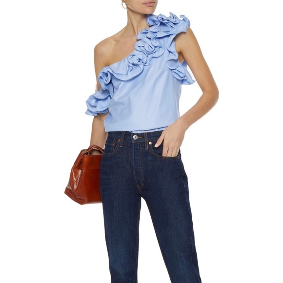 Petersyn Tops - Petersyn Arabella Ruffled One Shoulder Light Blue & White Stripe Blouse Top